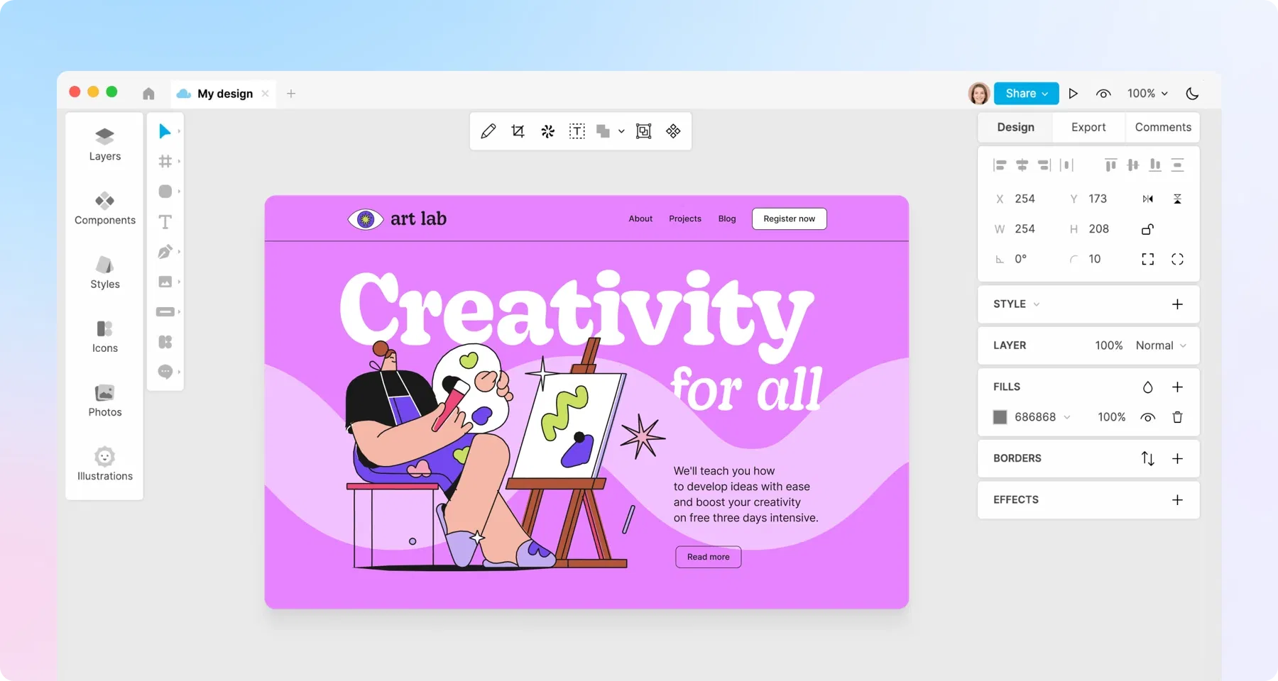 Responsive website mockup in Lunacy